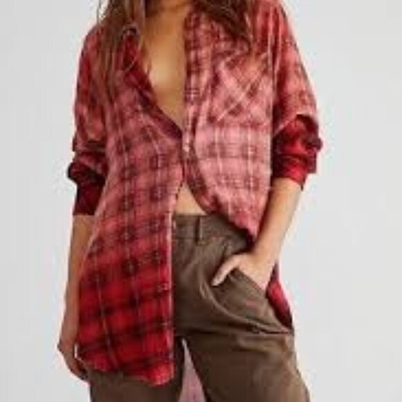 Free People One Lightweight Red Plaid Button-Up Shirt Size M/L - Picture 1 of 9